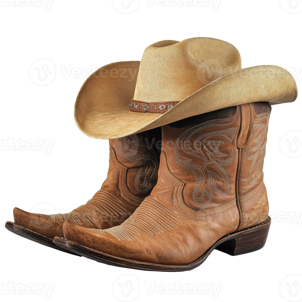 Rustic cowboy boots and hat displayed on wood isolated transparent png