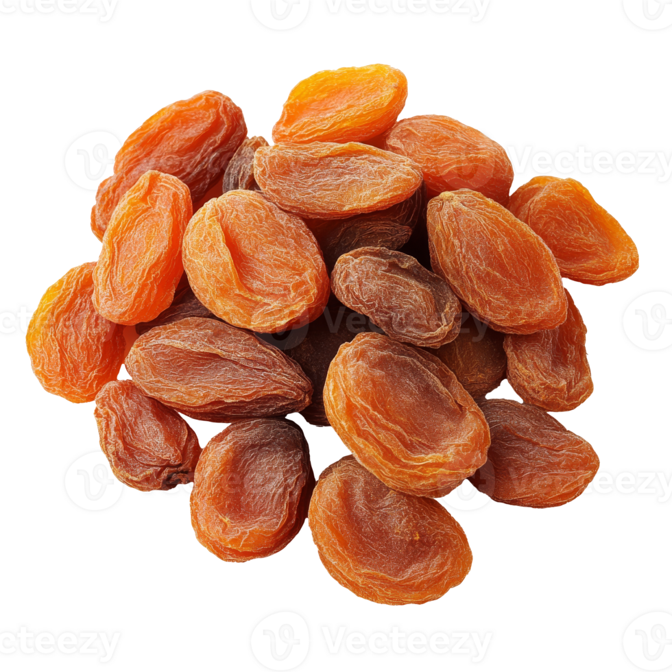 Dried apricots piled on a white surface isolated transparent png
