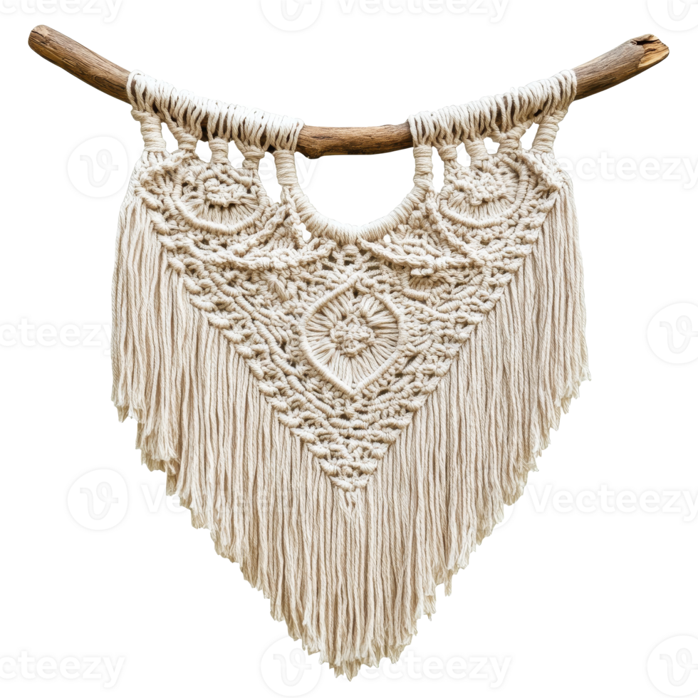 Handcrafted macrame wall hanging on wooden stick isolated transparent png