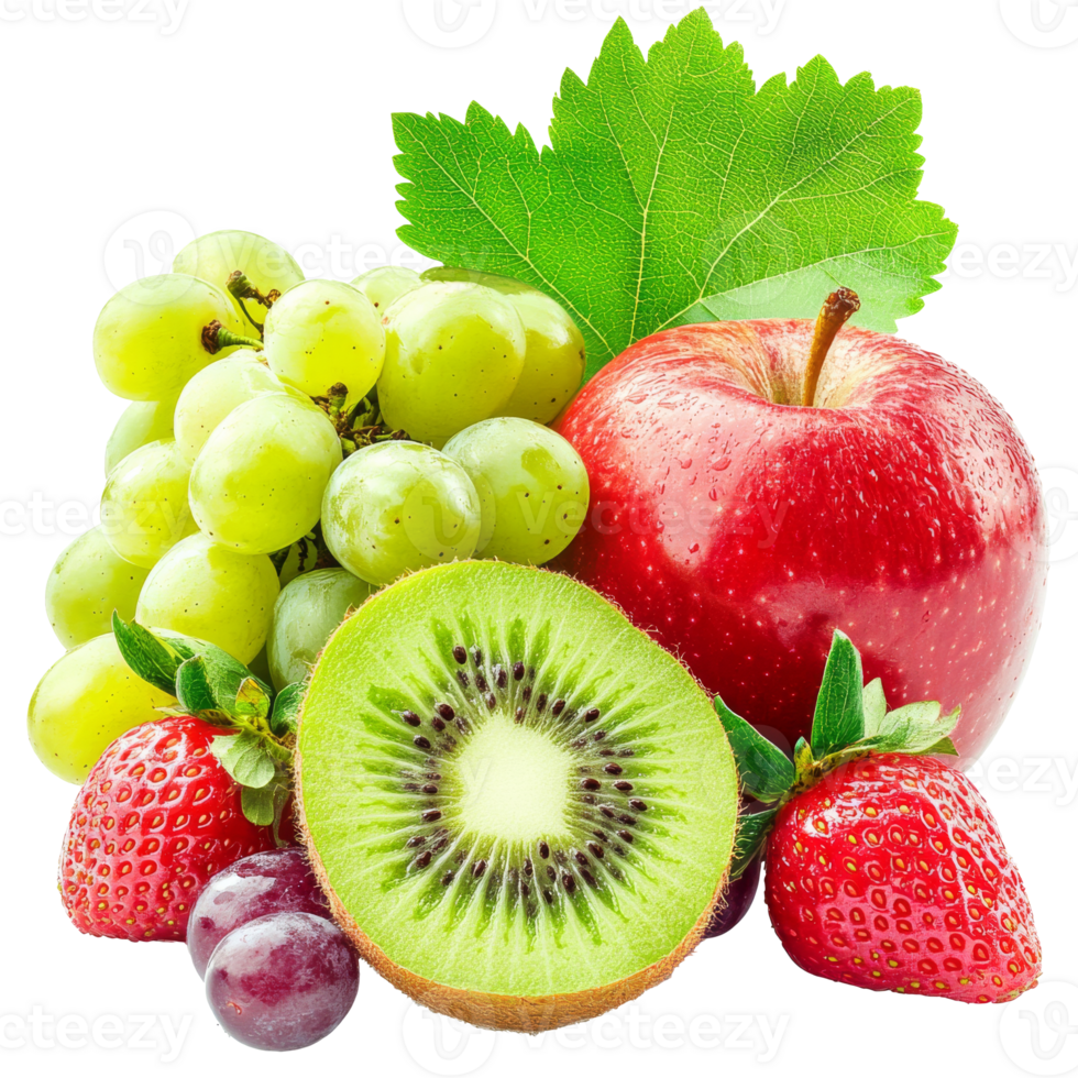 Vibrant fruit display with grapes and kiwi isolated transparent png