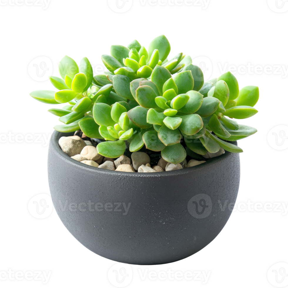 Succulent plants in a round black pot with stones isolated transparent png