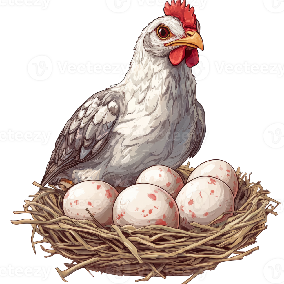 Chicken sitting on eggs in a cozy nest at dawn isolated transparent png
