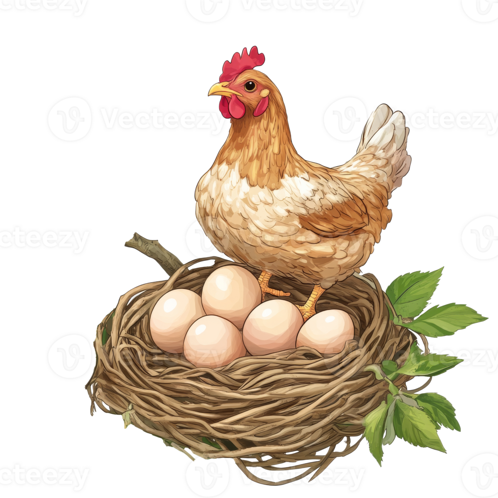 Hen standing proudly over eggs in a nest isolated transparent png