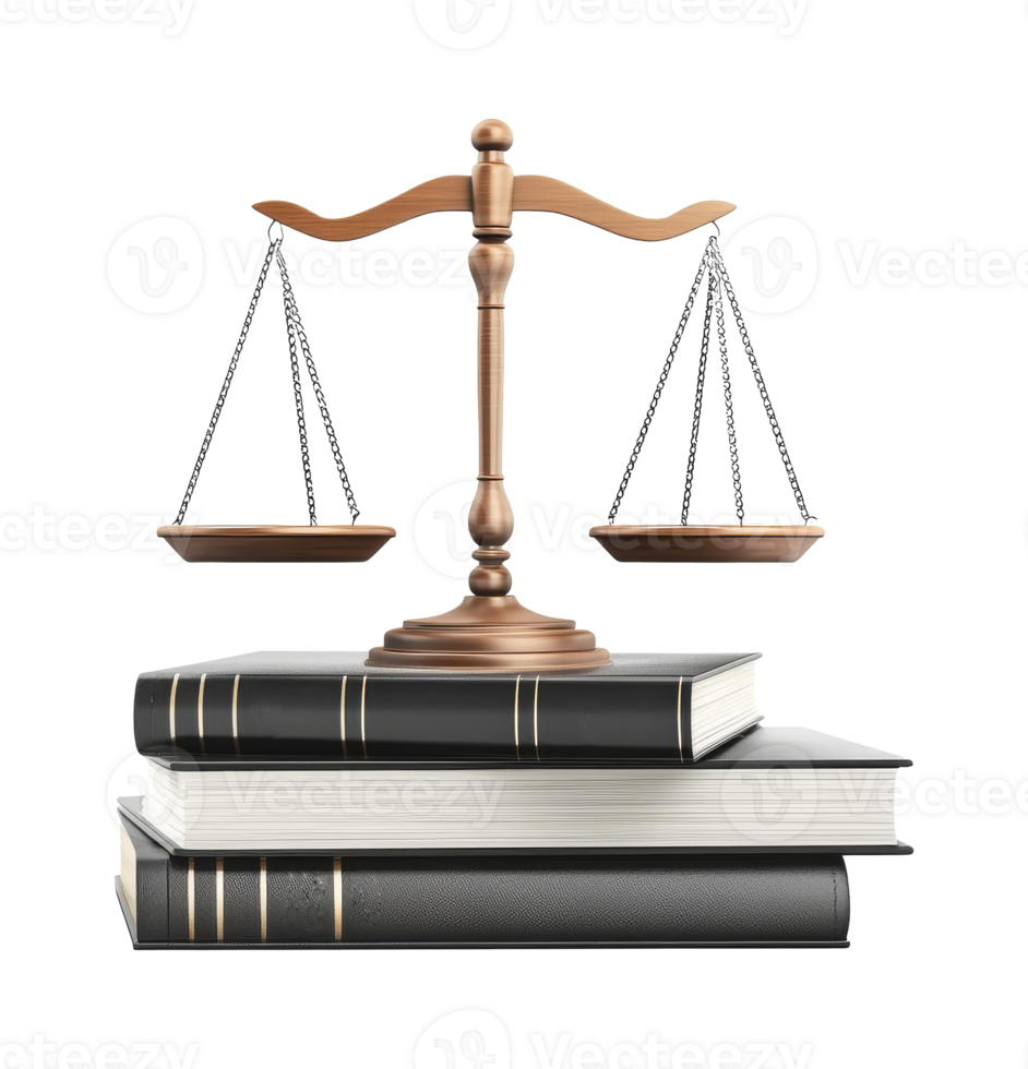 Classic balanced scales on law books isolated transparent png