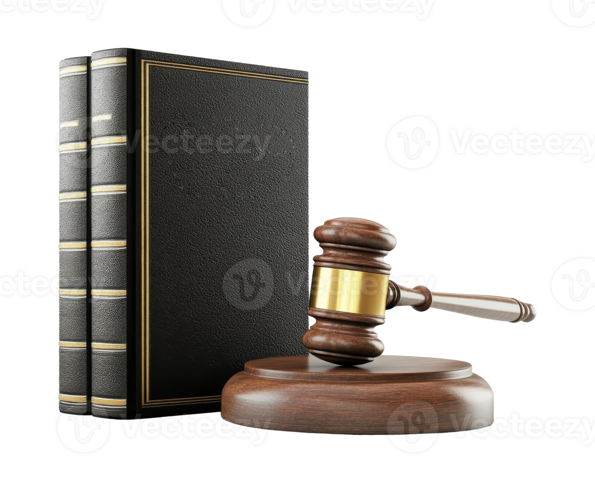 Gavel and law books on office table isolated transparent png