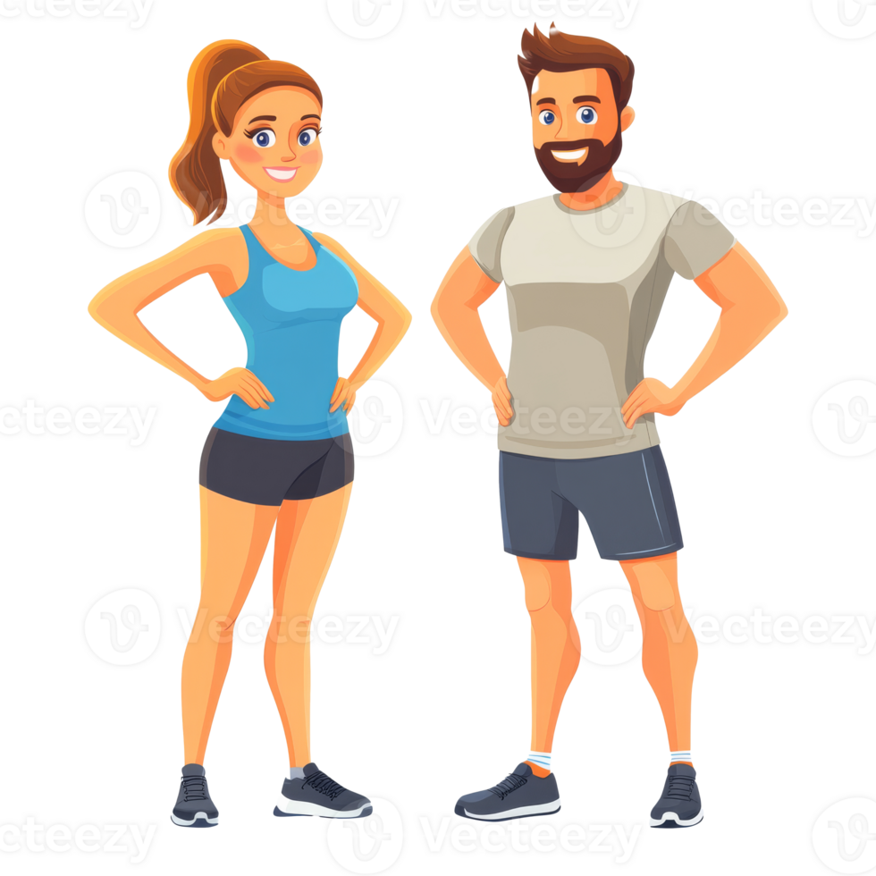 Cartoon characters in activewear exercising isolated transparent png