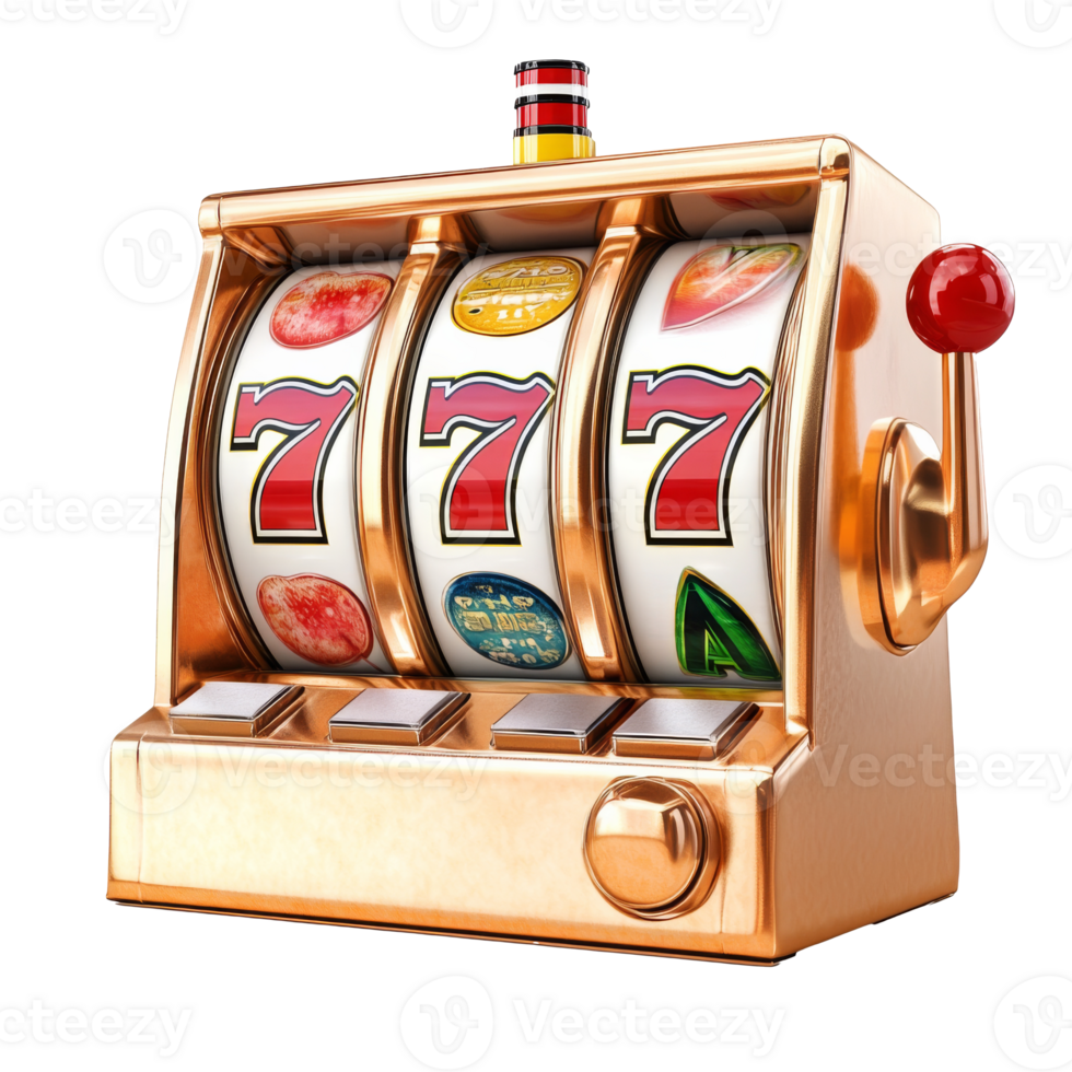 Classic slot machine spinning in a gaming hall isolated transparent png