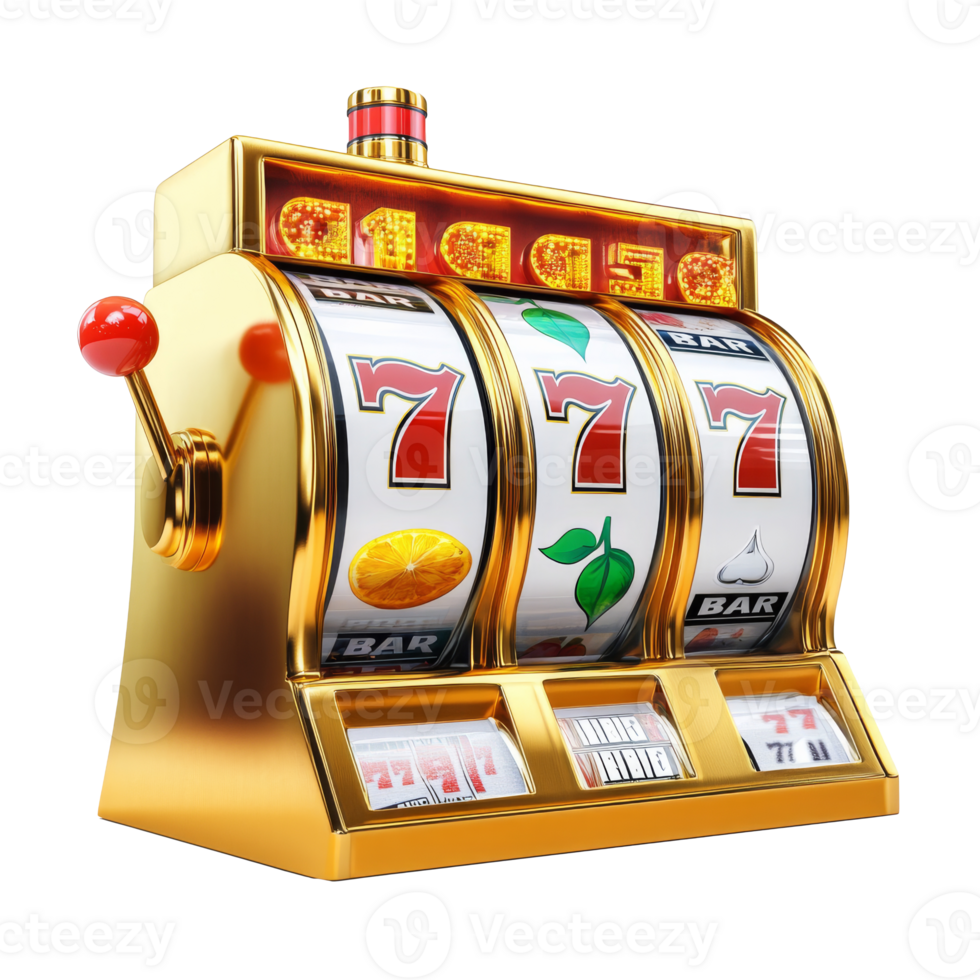 Golden slot machine with triple sevens displayed isolated transparent png