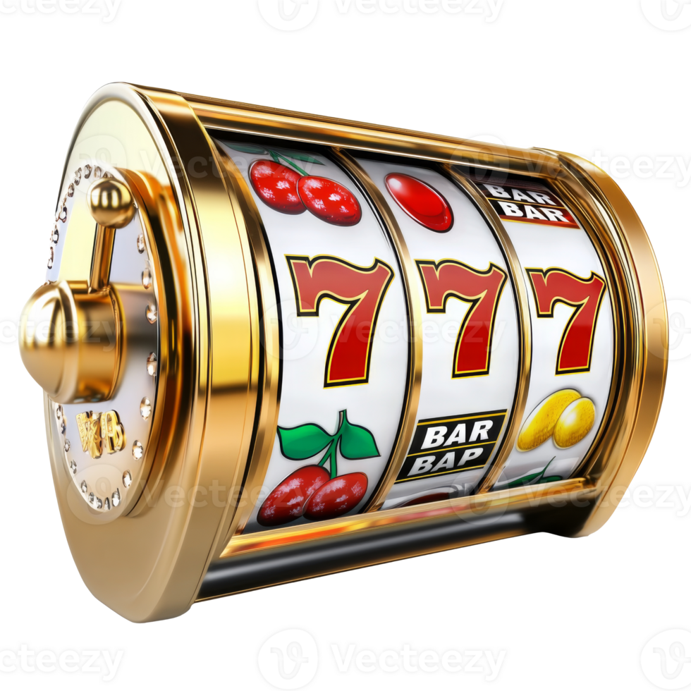 Classic fruit slot machine spinning in a casino isolated transparent png