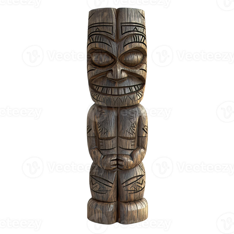 Carved wooden tiki statue displayed indoors isolated transparent png