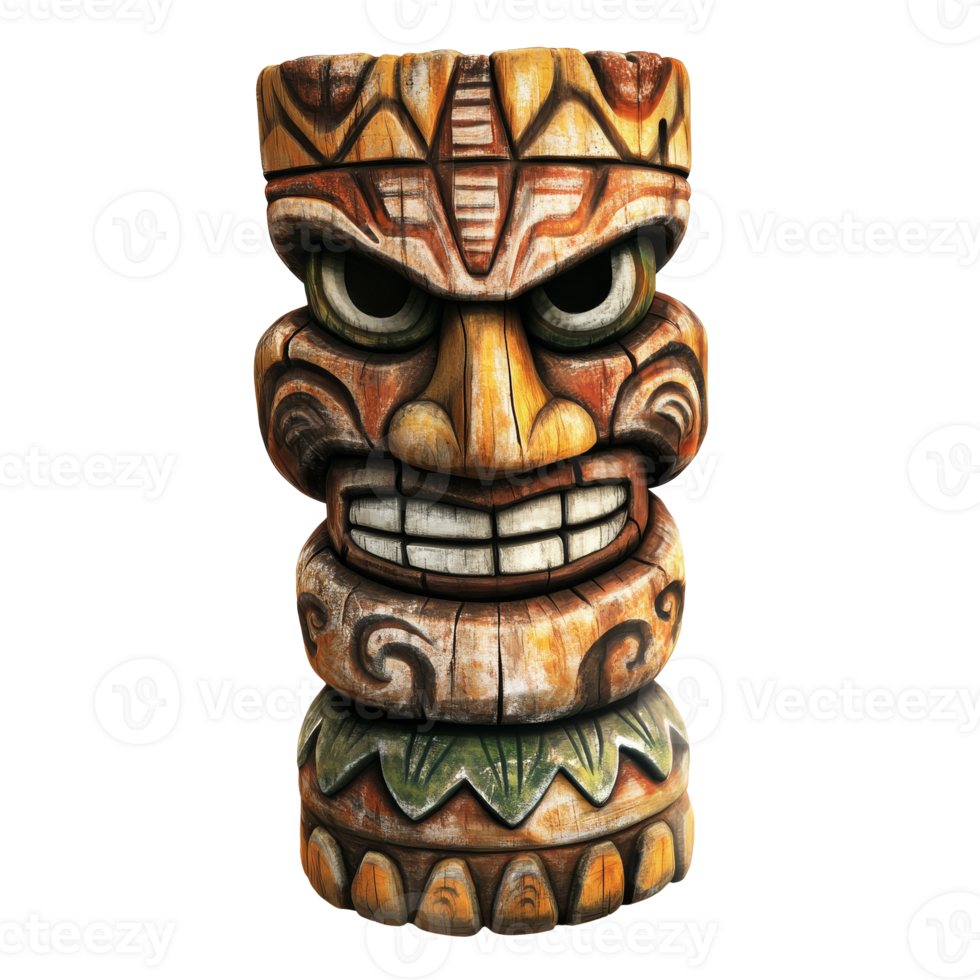 Vibrant Tiki sculpture with carvings isolated transparent png