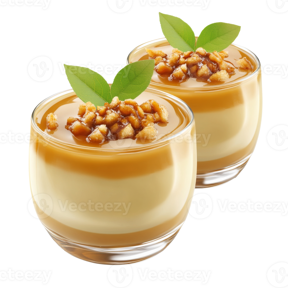 Creamy caramel dessert cups with crunchy topping isolated transparent png