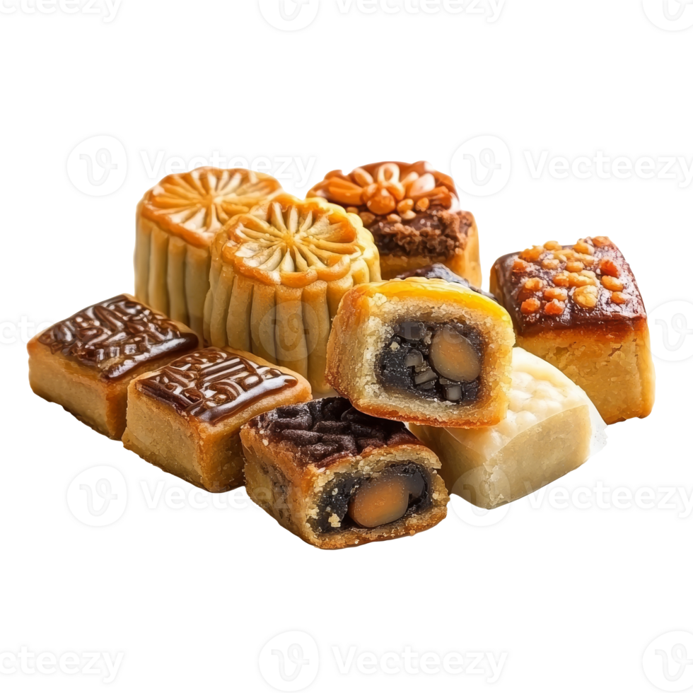 Variety of traditional mooncakes on display isolated transparent png