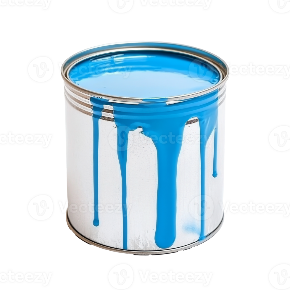 Bright blue paint dripping from a metal canister isolated transparent png