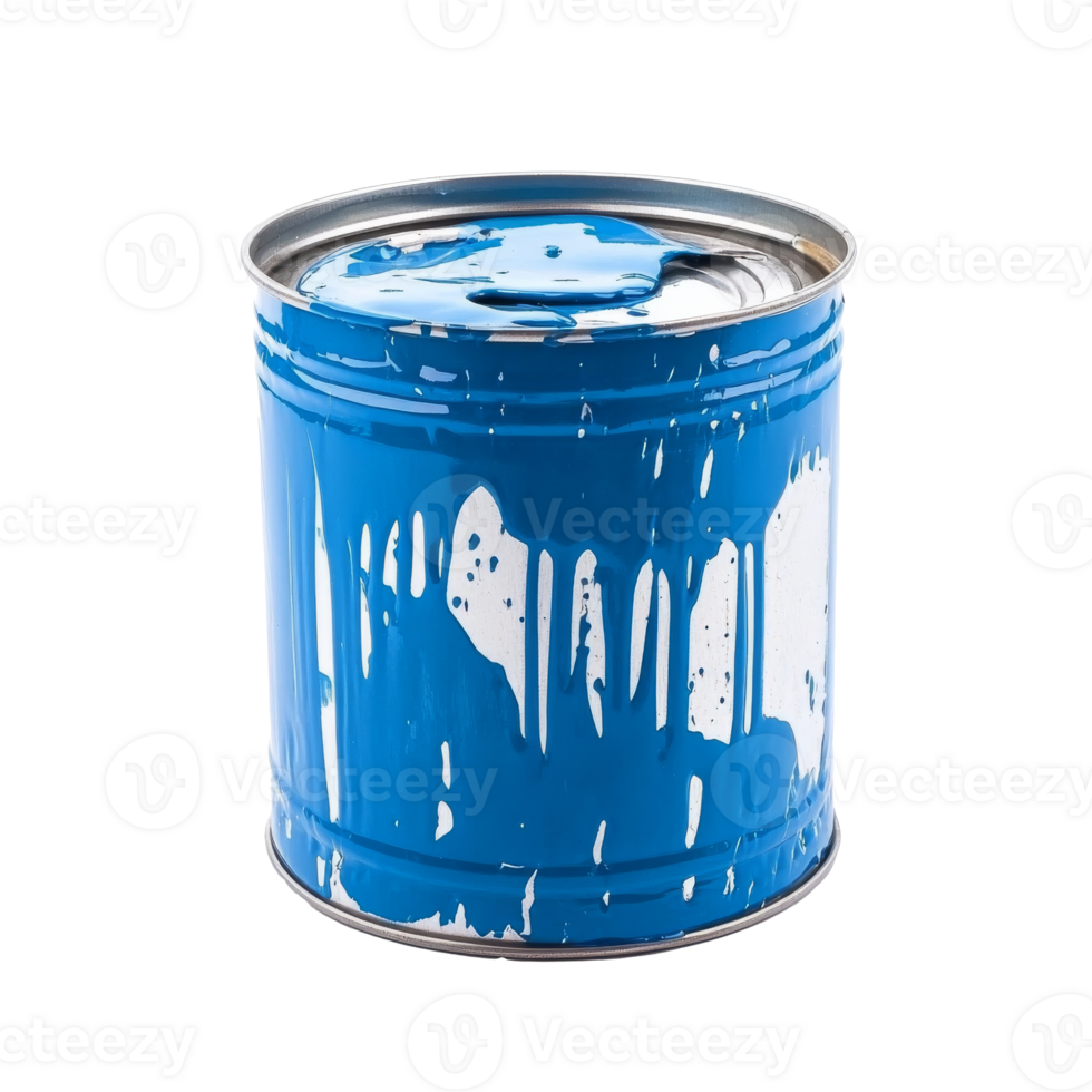 Blue paint can with drips on white isolated transparent png