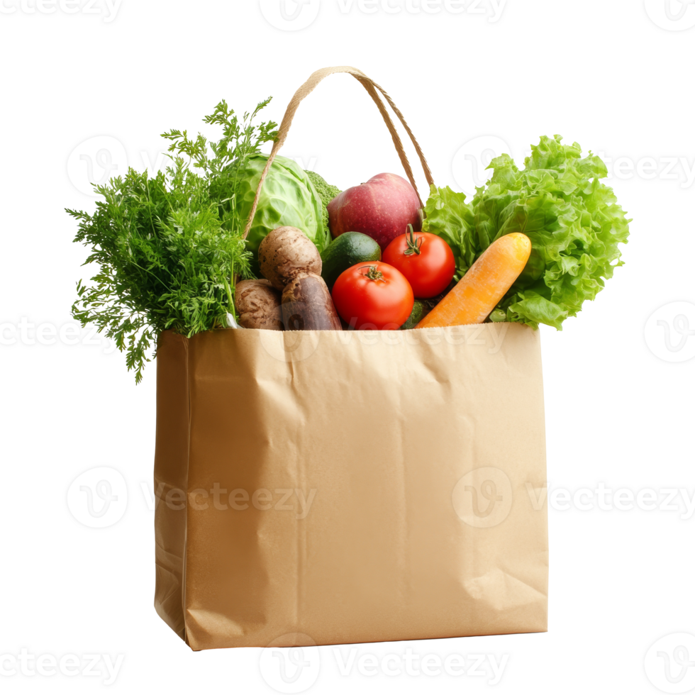 Healthy veggies and fruits bag isolated transparent png