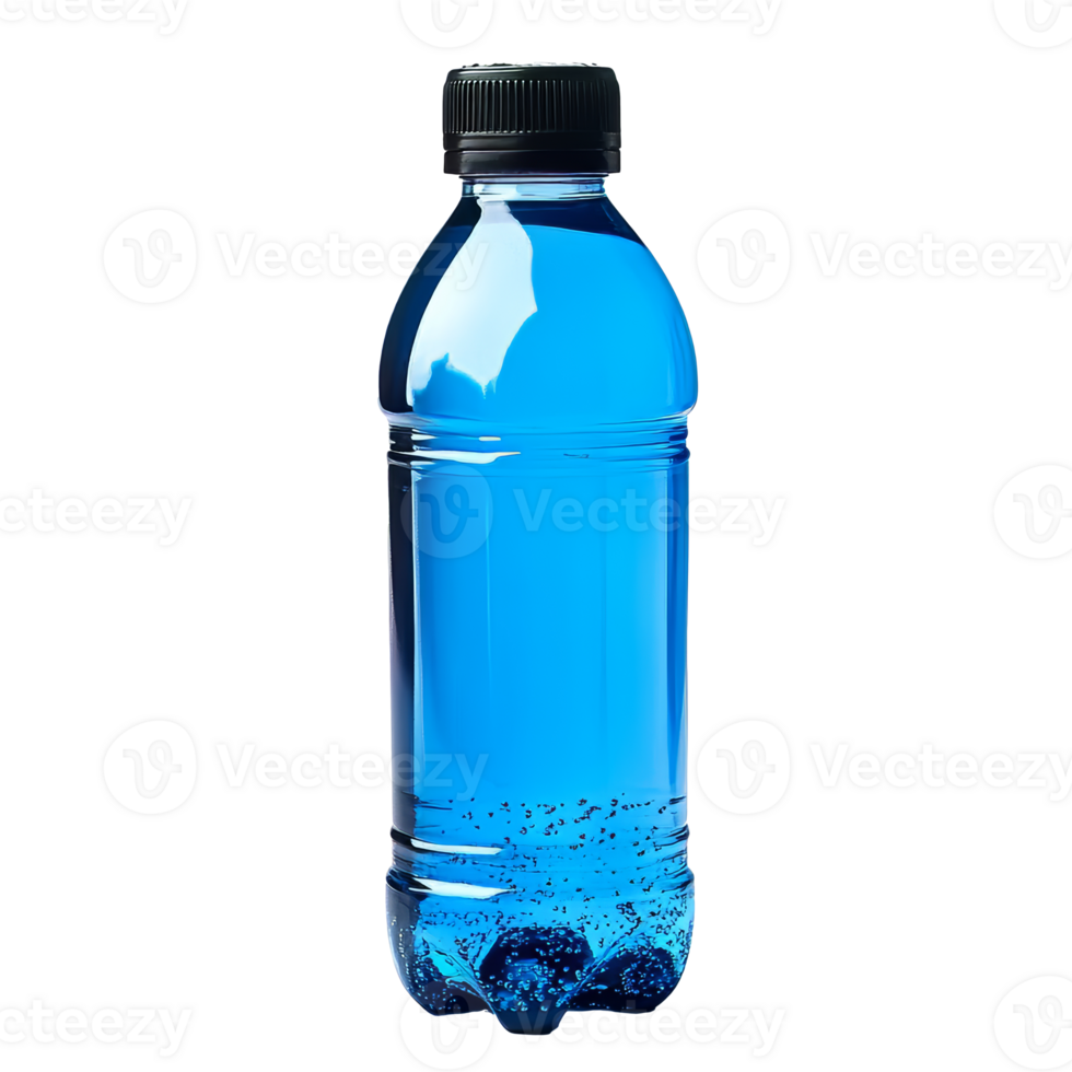 Bright blue drink in a plastic bottle on display isolated transparent png