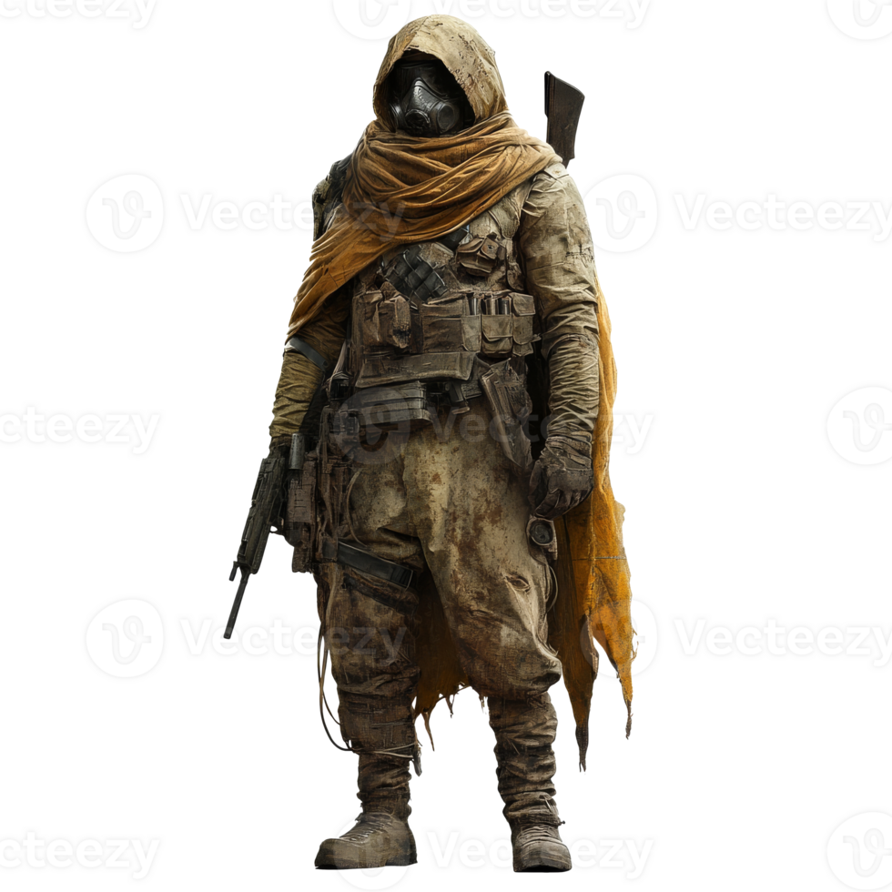 Figure in rugged gear holds a weapon isolated transparent png