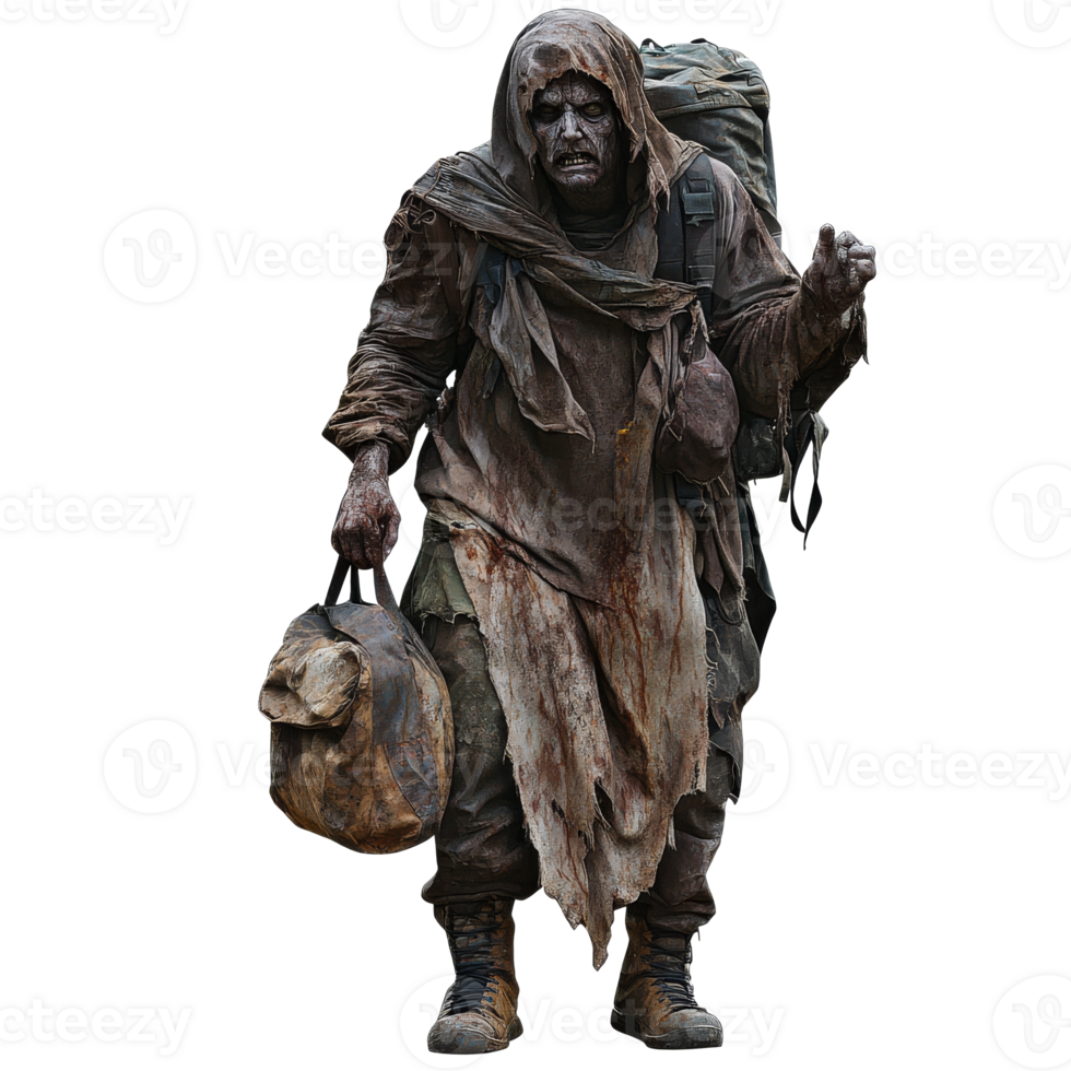 Mystery figure in tattered clothes traveling isolated transparent png