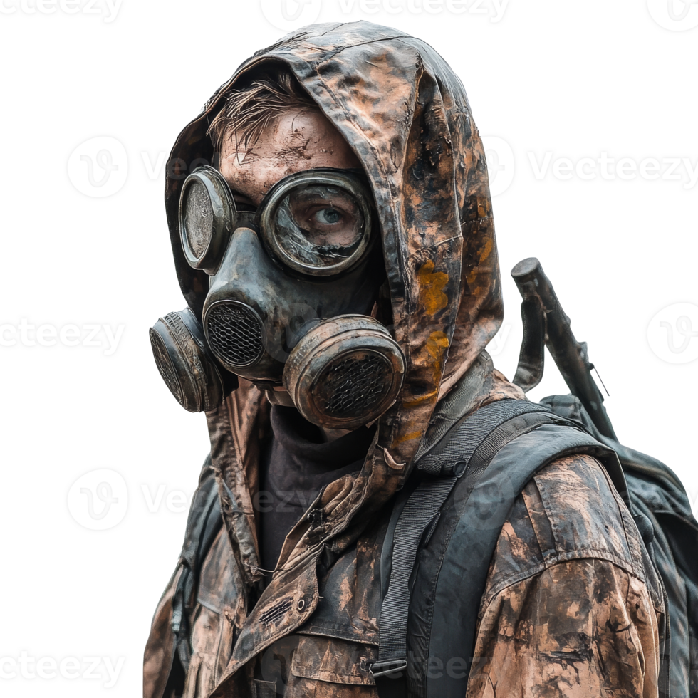 Person in gear stands in barren area isolated transparent png