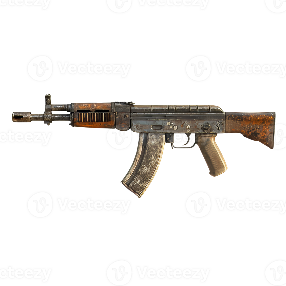 Detailed view of an aged assault rifle on display isolated transparent png
