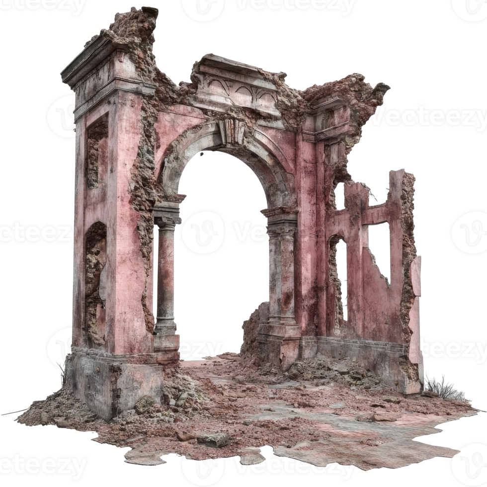 Ancient crumbling archway in a deserted landscape isolated transparent png