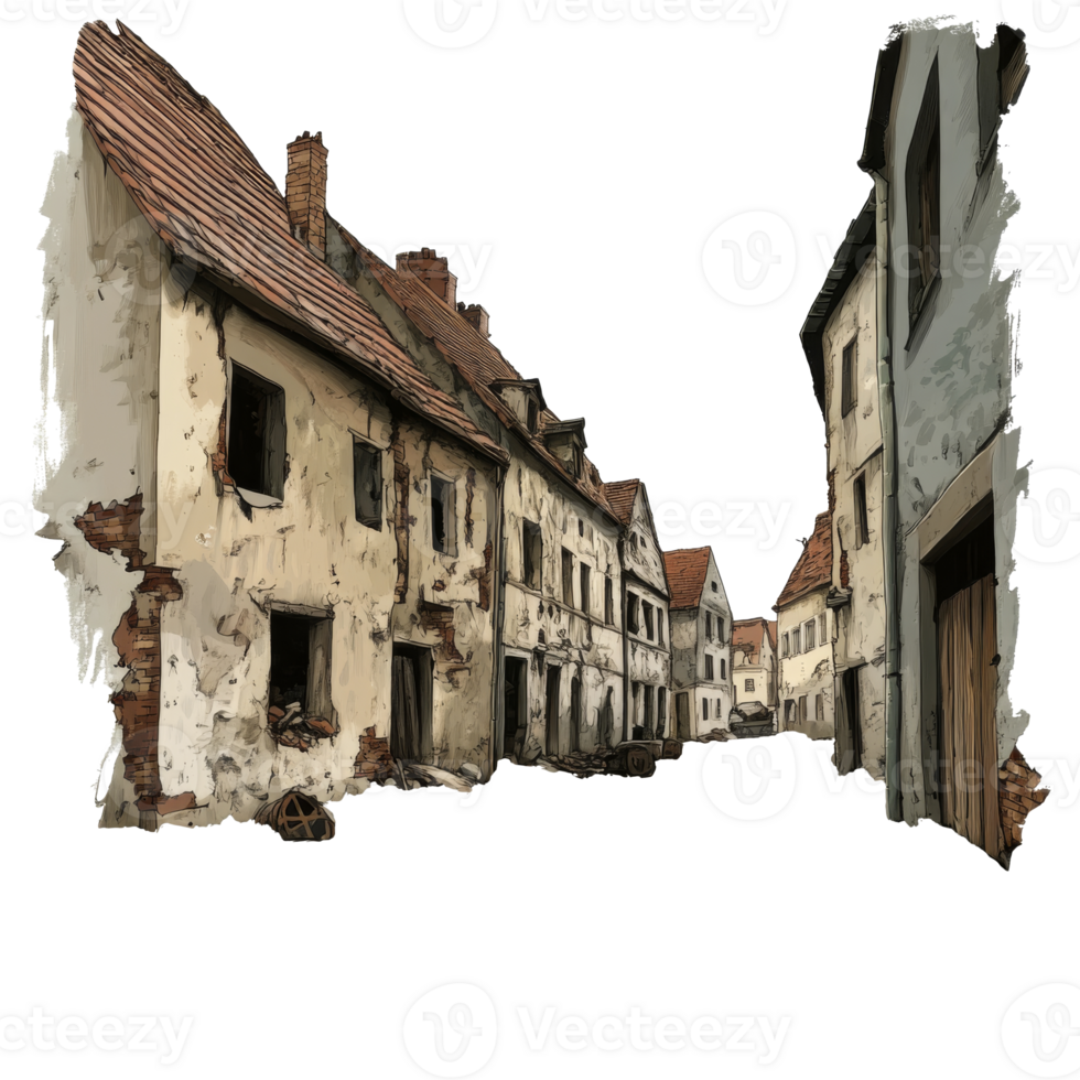 Abandoned village street in late afternoon light isolated transparent png