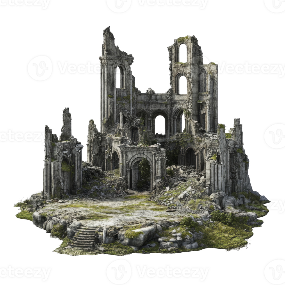 Ancient castle ruins overgrown with plants isolated transparent png