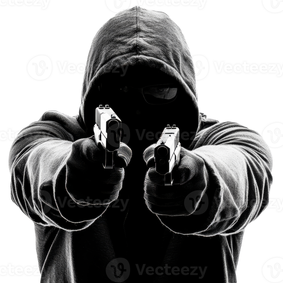 Hooded figure with guns in pose isolated transparent png