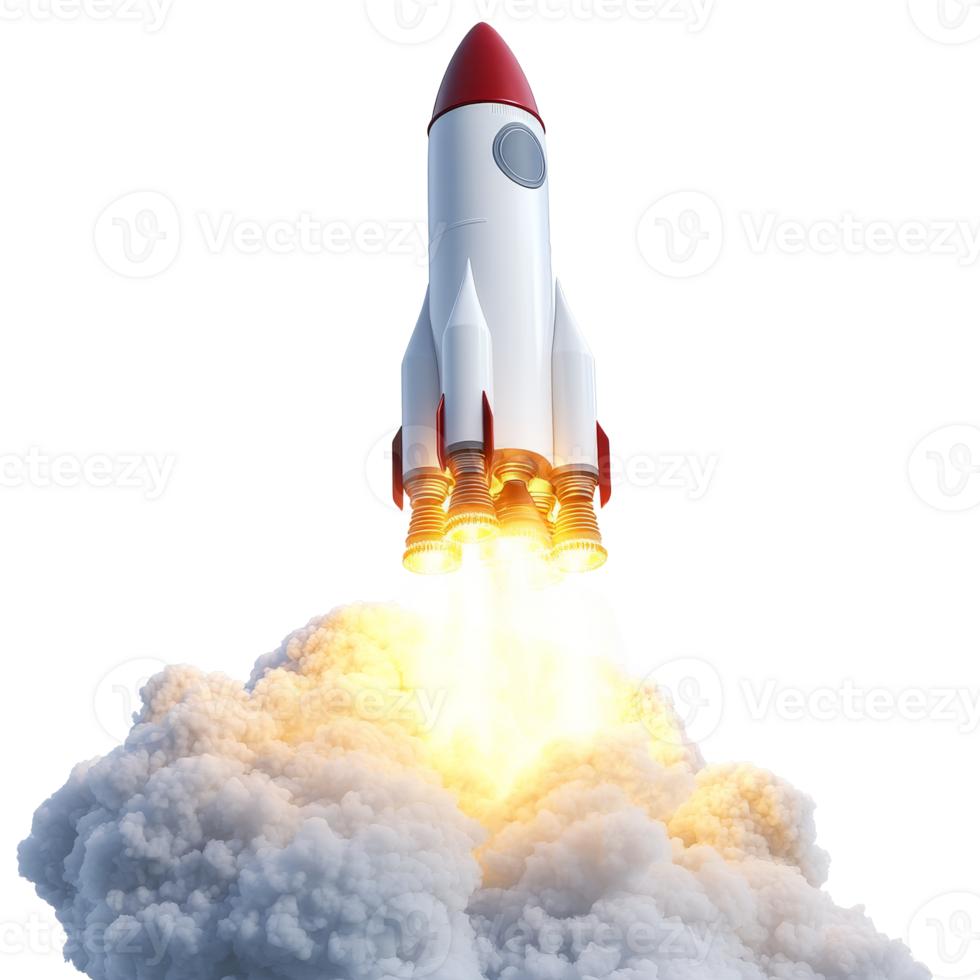 Rocket launching into the sky amidst white smoke isolated transparent png
