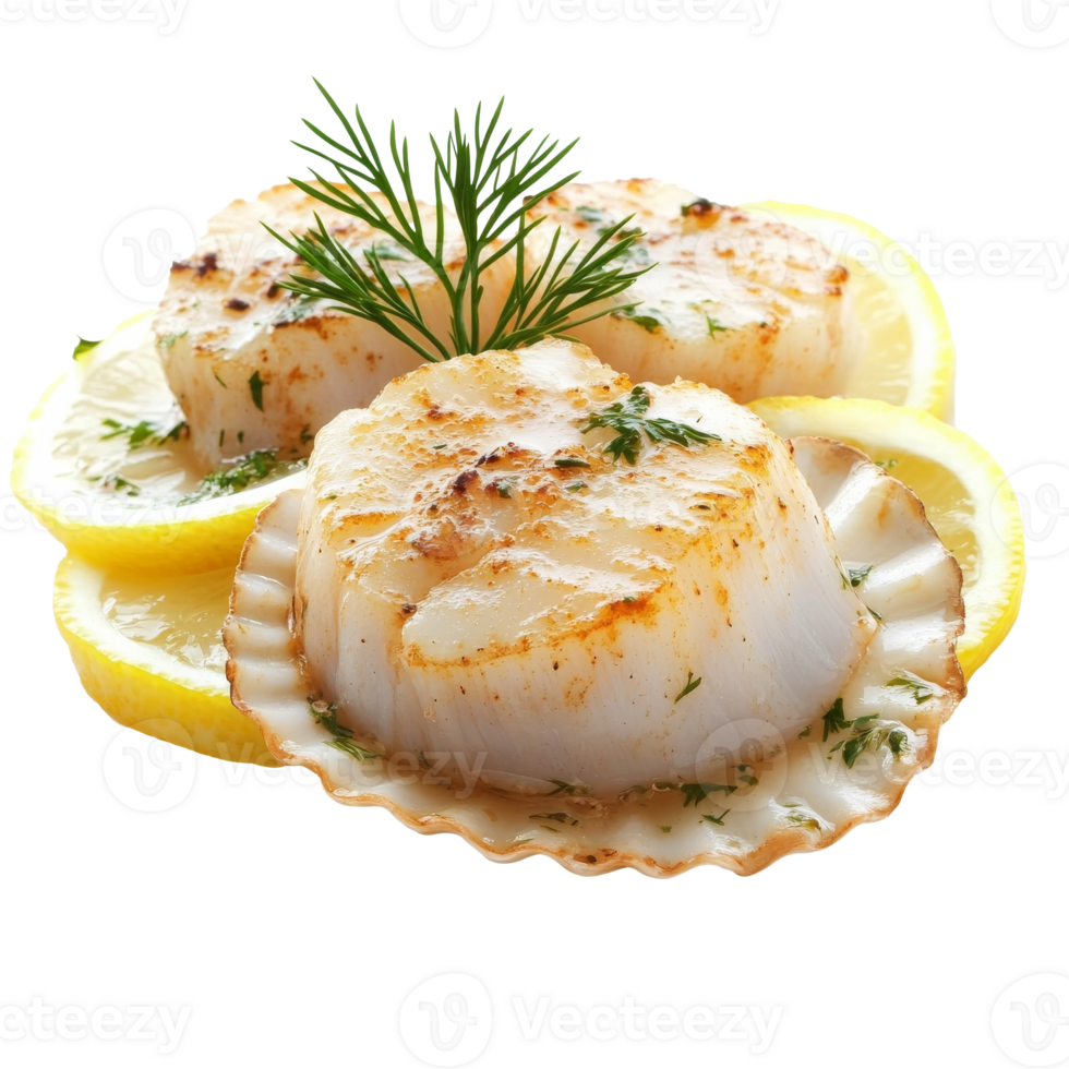 Grilled scallops served with lemon and herbs isolated transparent png