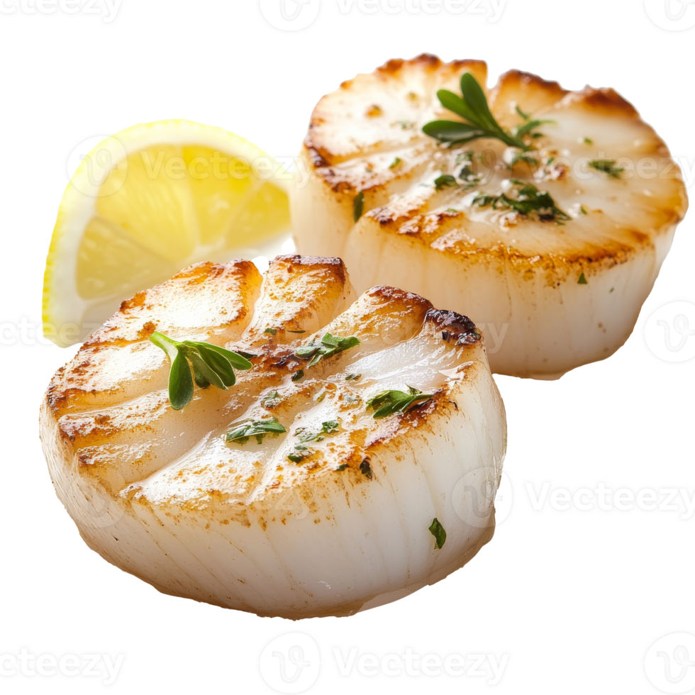 Grilled scallops with fresh lemon and herbs isolated transparent png