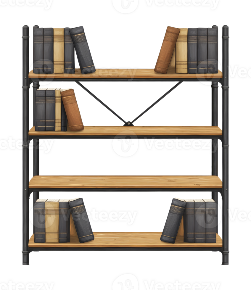 Wooden shelves in modern bookshelf design isolated transparent png