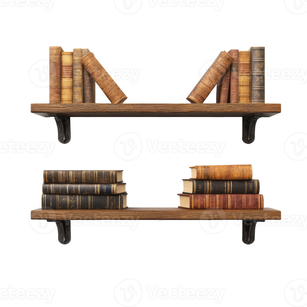 Wooden shelves with vintage books arranged neatly isolated transparent png