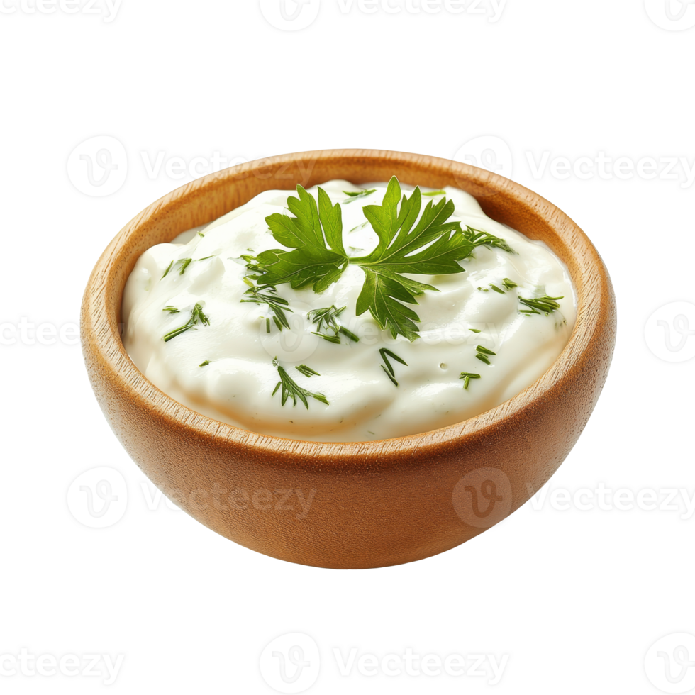 Creamy dip with herbs in a wooden bowl isolated transparent png