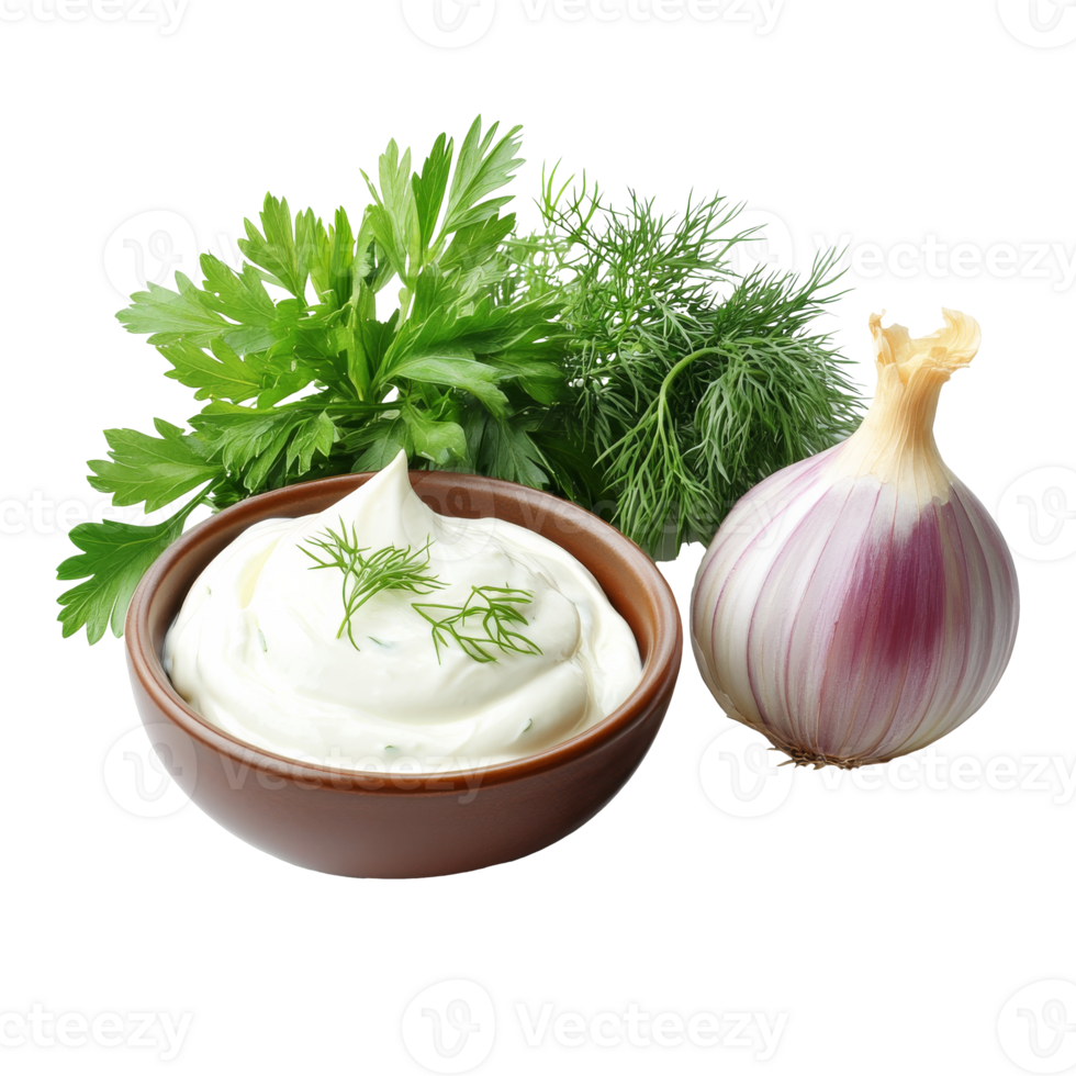 Fresh herbs and creamy dip on a white background isolated transparent png