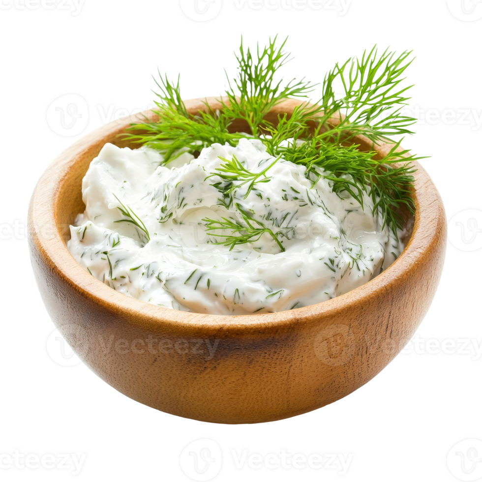 Fresh herb dip in a wooden bowl with dill garnish isolated transparent png