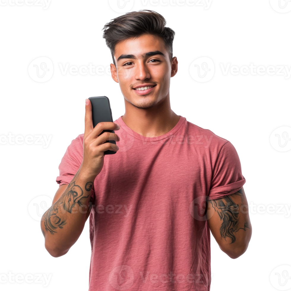 Young man smiling and holding a smartphone indoors isolated transparent png