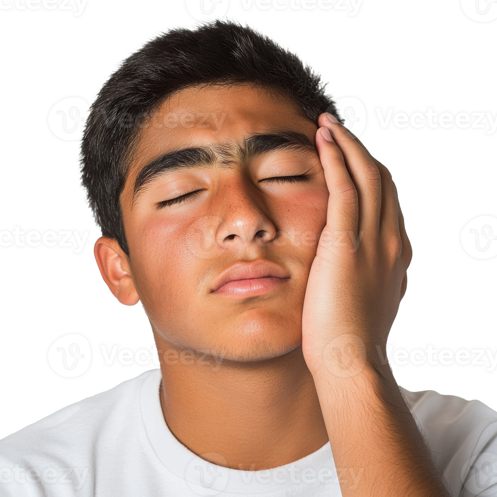 Young man shows discomfort touching face isolated transparent png