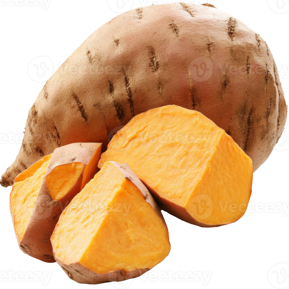 Freshly cut sweet potatoes ready for cooking isolated transparent png