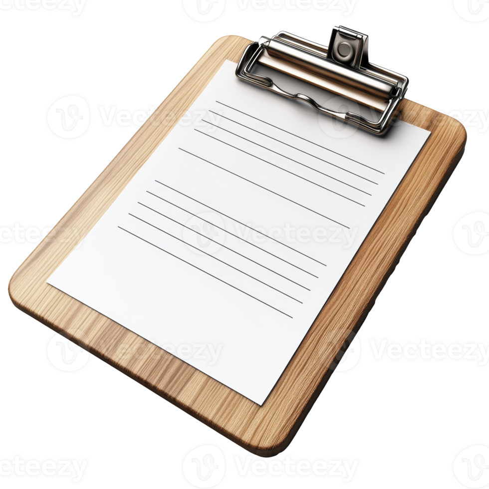 Blank clipboard on a wooden surface isolated transparent png