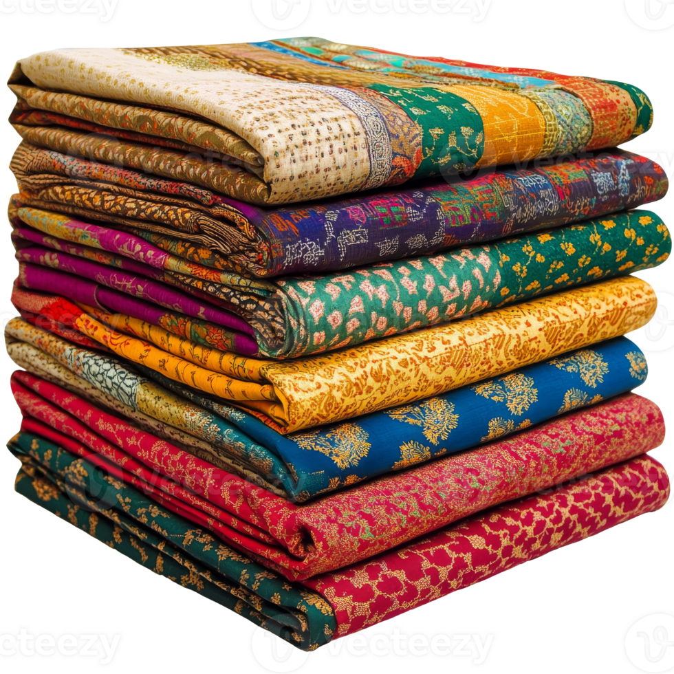 Vibrant stacked silk sarees in hues isolated transparent png