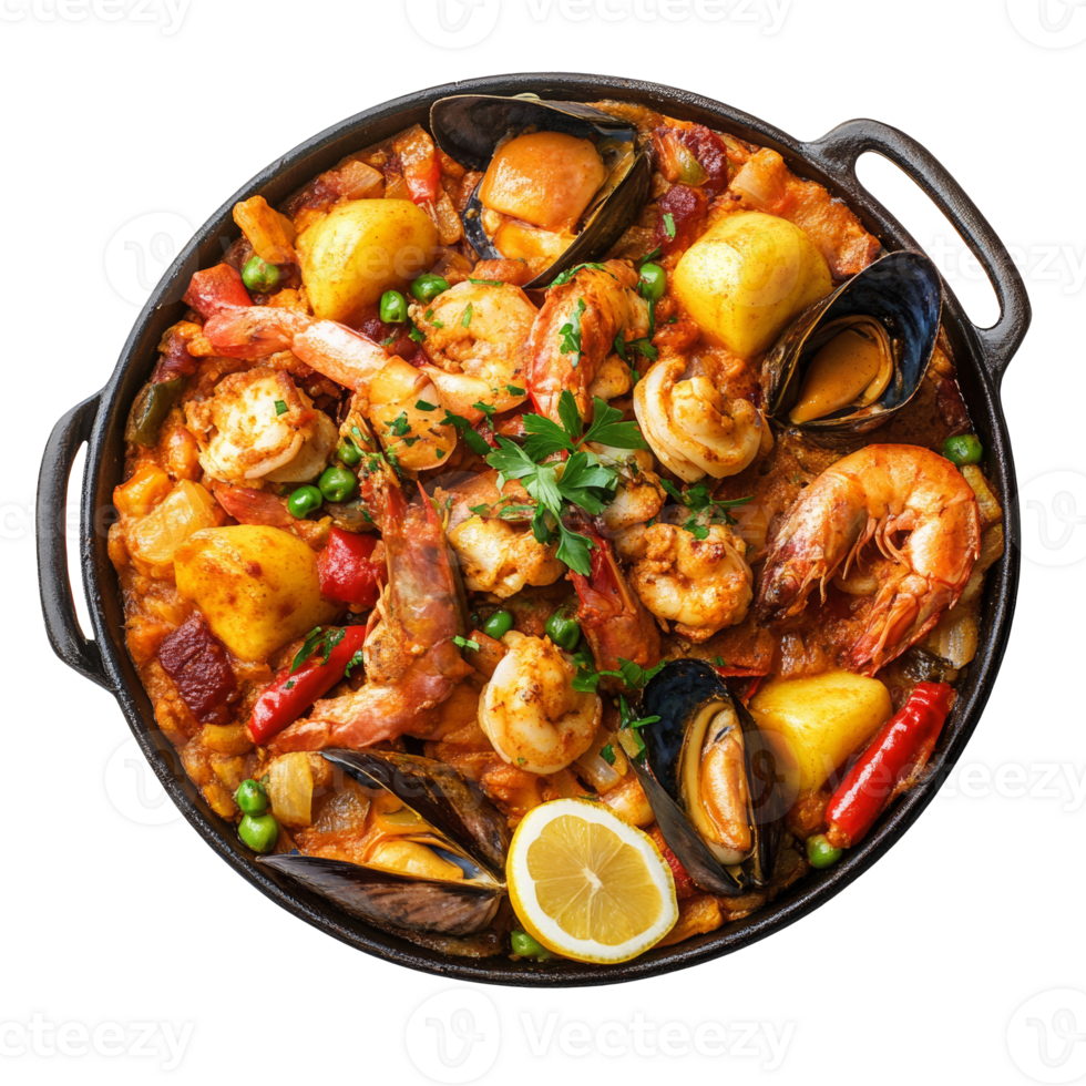 Colorful seafood paella with fresh herbs isolated transparent png