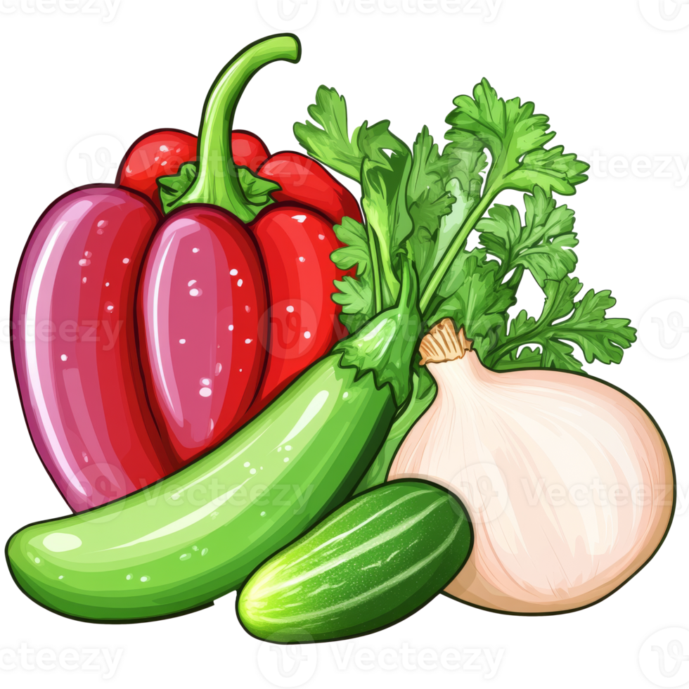 Fresh veggies peppers, cucumbers, onions isolated transparent png