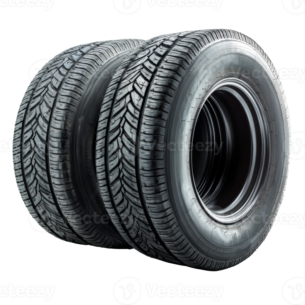 Four used tires stacked on a white background isolated transparent png