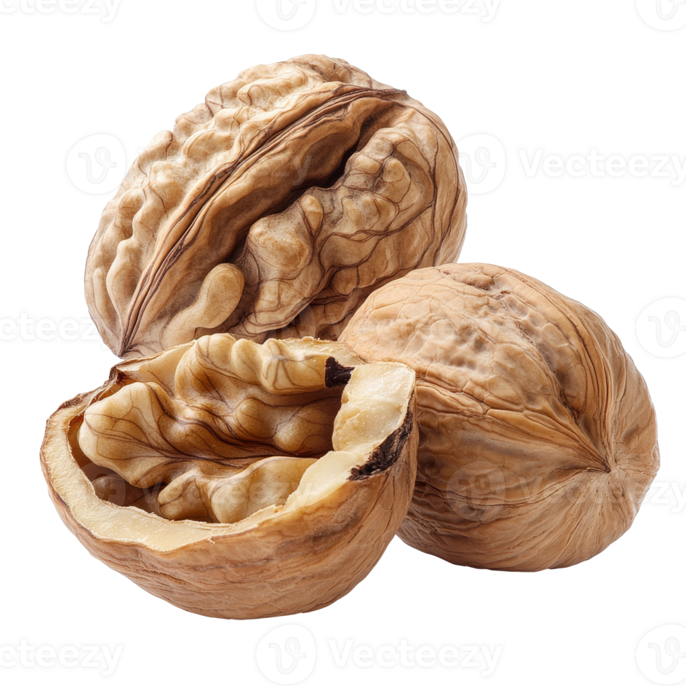 Shelled and whole walnuts on white isolated transparent png