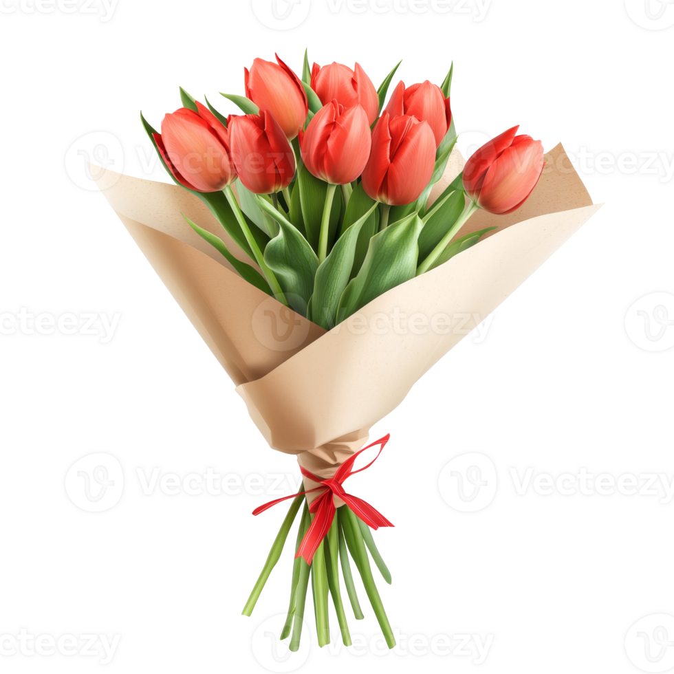 Vibrant red tulips wrapped in paper at sunset transparent png