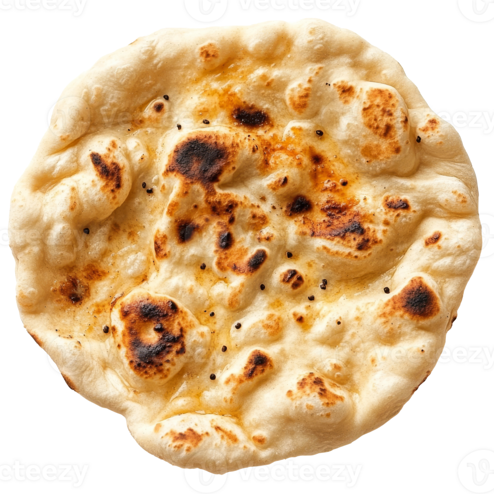 Freshly baked naan bread with golden char spots transparent png