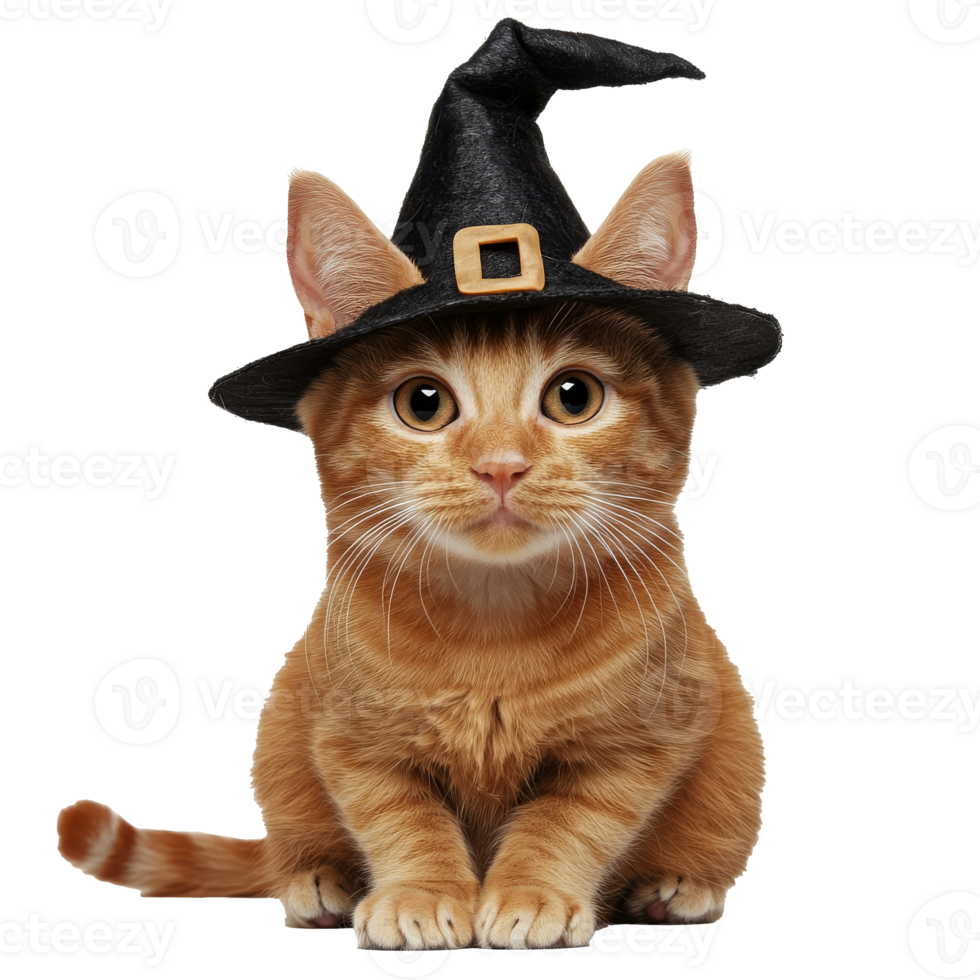 Cat wearing a witch hat sits in a playful pose transparent png