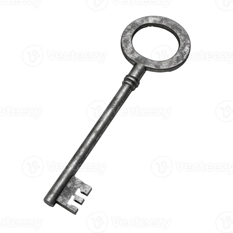 Vintage metallic key on white surface transparent png